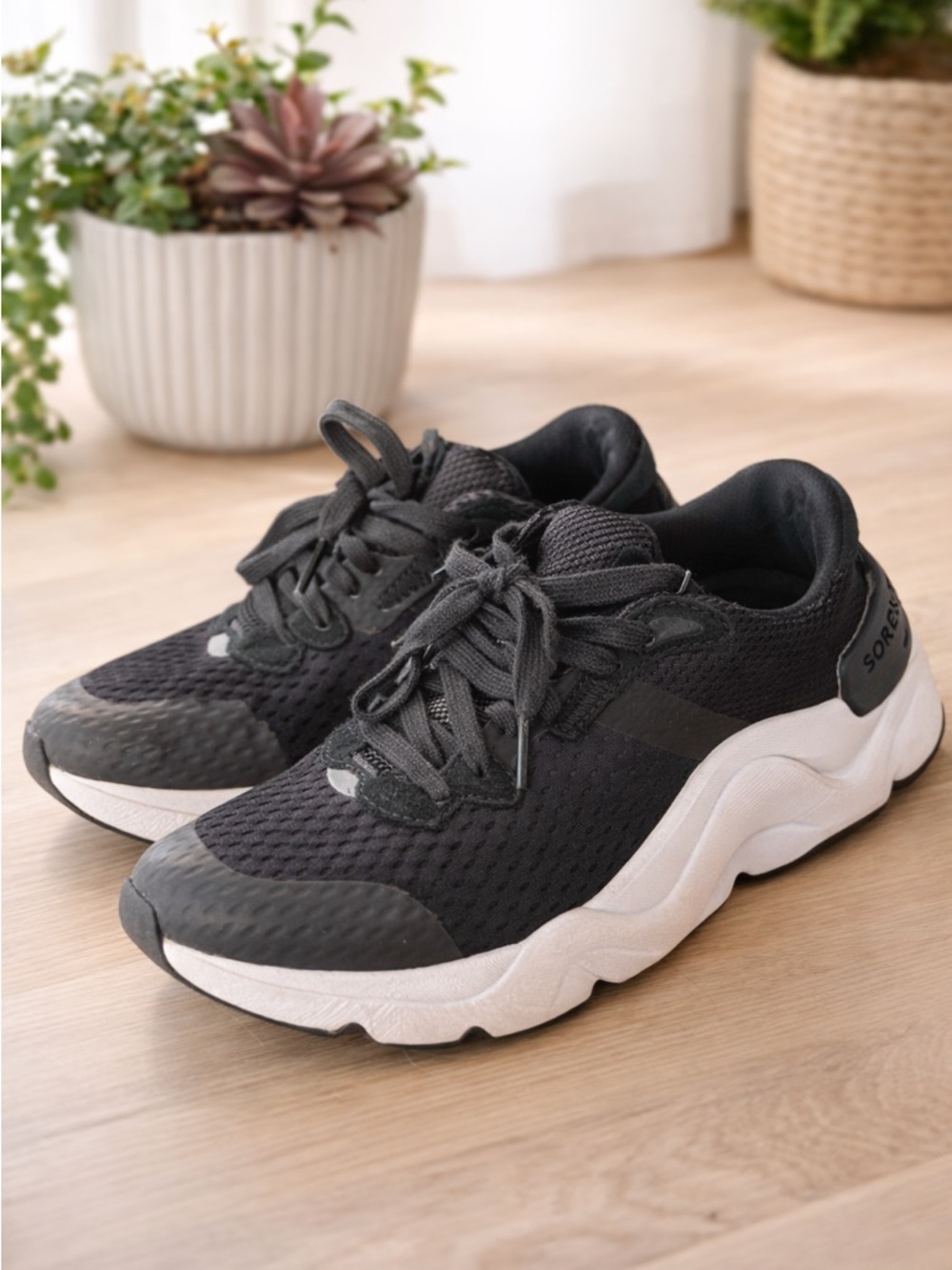 Sorel Black Lace-Up Mesh Sneakers with White Sole